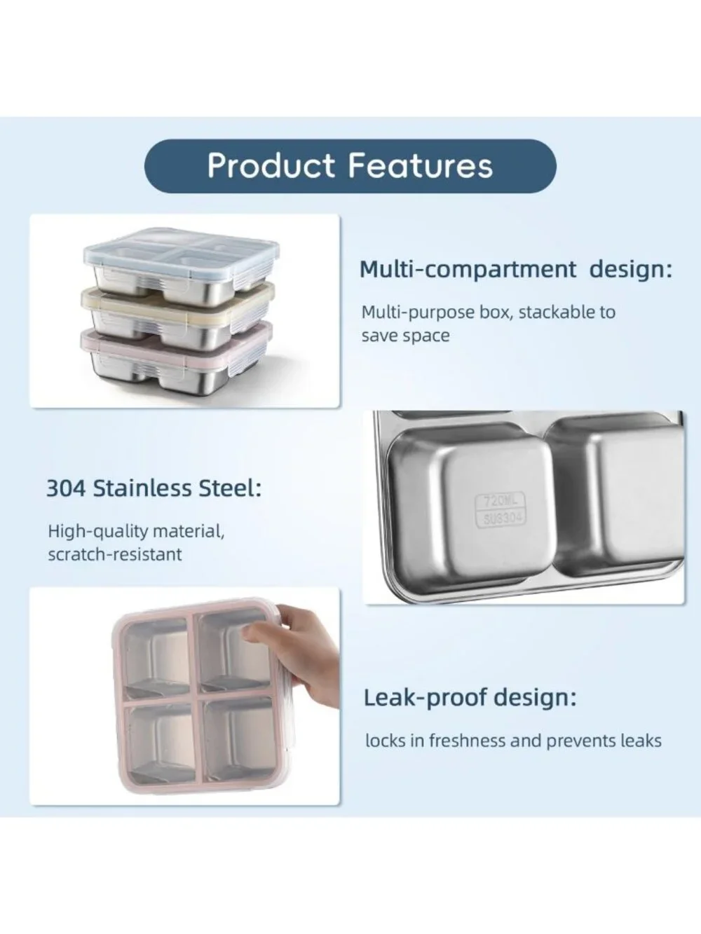25oz Leak-Proof Stainless Steel Bento Snack Box - Multi-Compartment Lunch